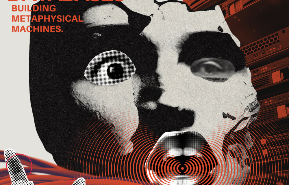 Poster. Servers in background, foreground contains a head in the centre with open mouth, and transmission lines, as though the head is broadcasting. Wires stretch across the bottom of the poster, there is also a hand wrapped in wires. Title of workshop is included in text in the top left 'Social science of databases'.