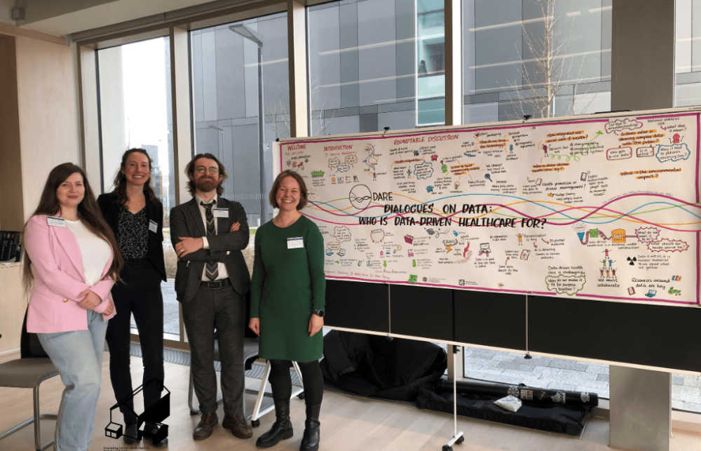 DARE Team: Nicola, Abby, Max, and Cath stood together in front of an illustrated graphic.