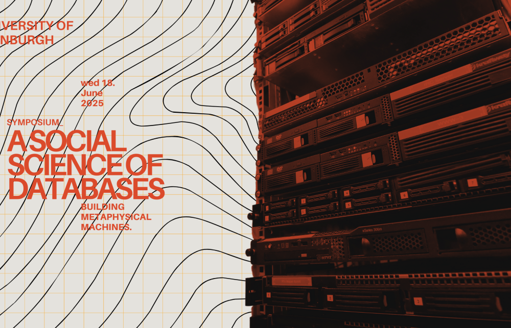 Artistic image. on the right a stack of computer storage systems. on the left, the title of the event 'symposium -- a social science of databases' as well as the date 18th June 2025. 