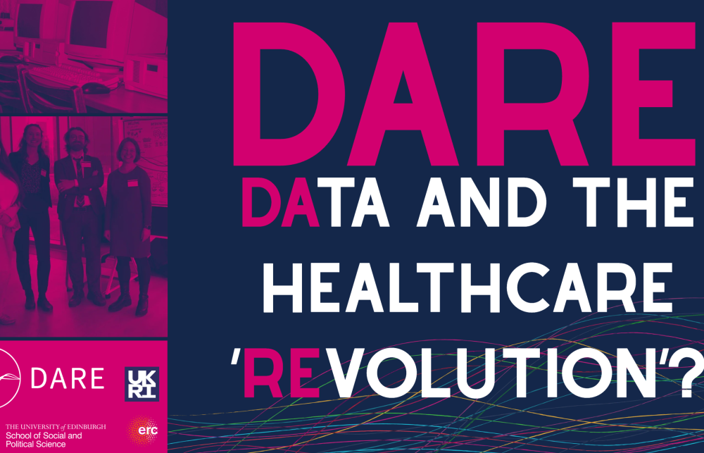 Slide image: 'DARE' in large pink letters, with 'data and the healthcare revolution' displayed underneath. On the left are logos for the DARE project, ERC and UKRI.