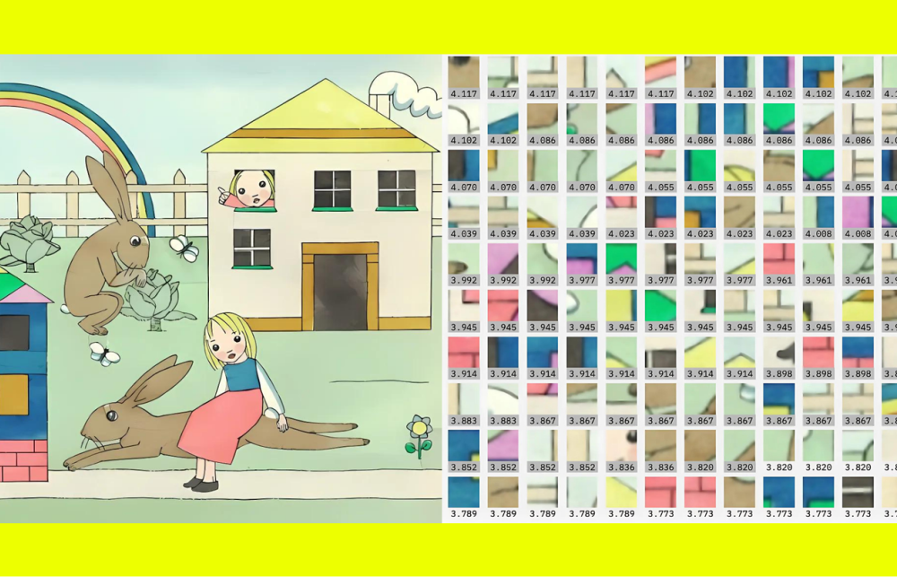 Diptych contrasting a whimsical pastel scene with large brown rabbits, a rainbow, and a girl in a red dress on the left, and a grid of numbered superpixels on the right - emphasizing the difference between emotive seeing and analytical interpretation.