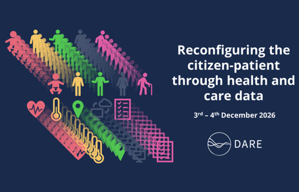 Image shows the title and dates of the workshop and the DARE project logo alongside a graphic showing multicoloured icons representing people and health and care data (e.g. a baby, an adult, an older person; a thermometer; a checklist; a computer)